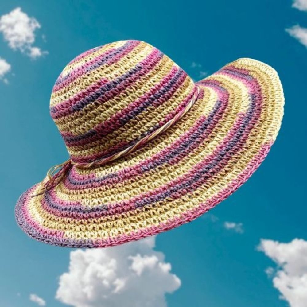 Pink Purple Tan & Brown Crochet Wide Brim Floppy Sun Hat OS
